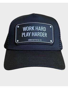 NWT John Hatter & Co Work Hard Play Harder Trucker Hat Unisex Black White OS